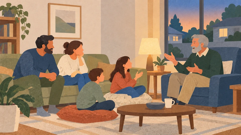 An older adult shares a story with two other adults and two children in a contemporary home in West Valley City, Utah.