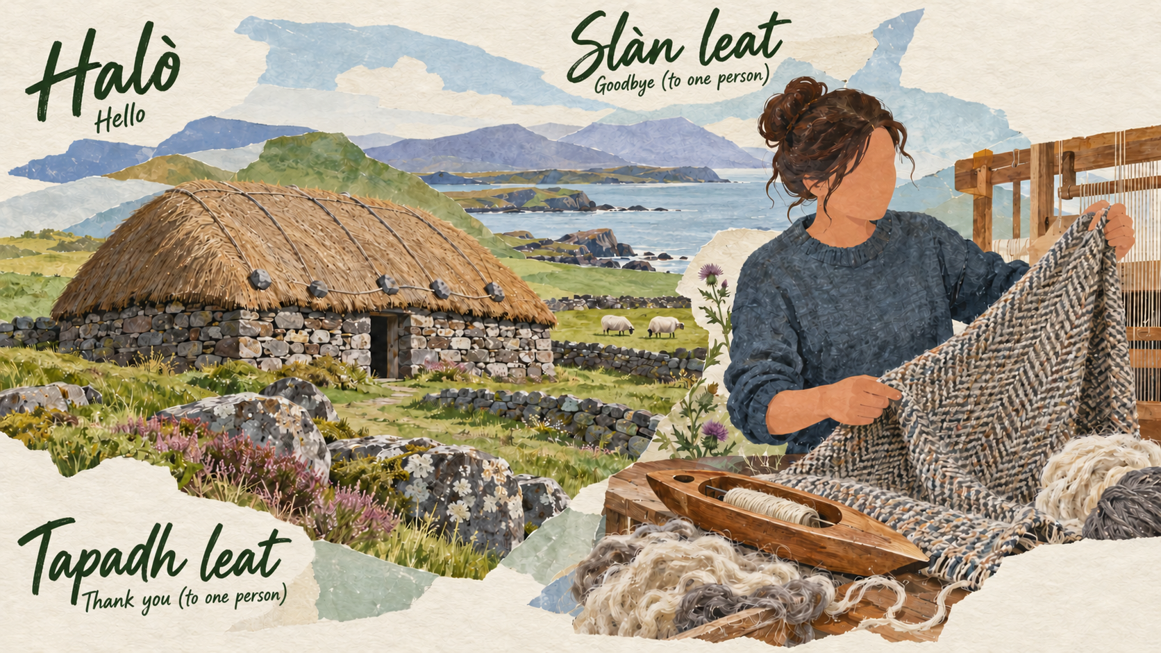 Representative Scottish Gaelic collage of a Lewis heritage blackhouse with weighted thatch and a fictional contemporary Hebridean weaver displaying herringbone wool cloth beside a loom shuttle.