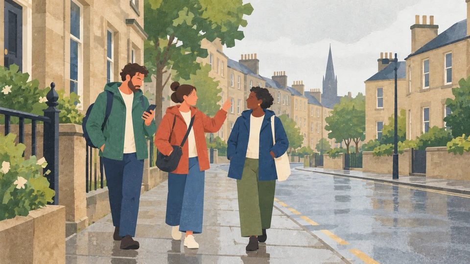 Three adults consult a phone and discuss a Gaelic heritage walk on a street in central Glasgow.