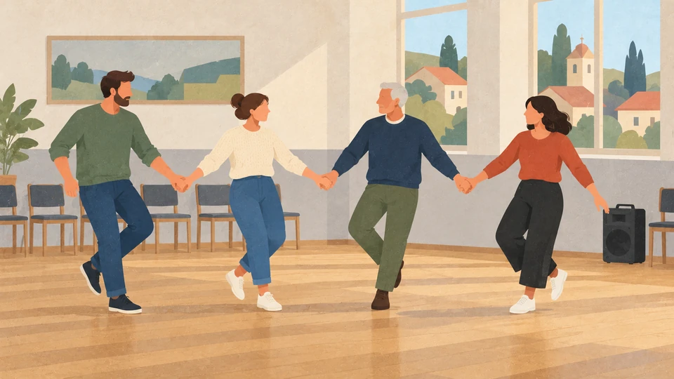 Four adults practise a linked dance in an imagined contemporary community room in Serbia.
