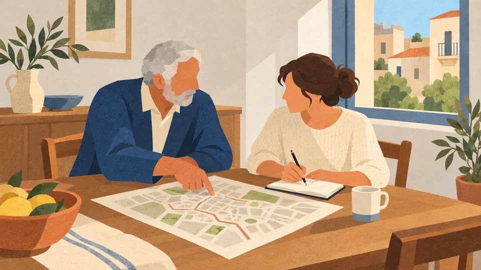 An older resident and a younger adult discuss a neighbourhood sketch map in an imagined Alcamo home.