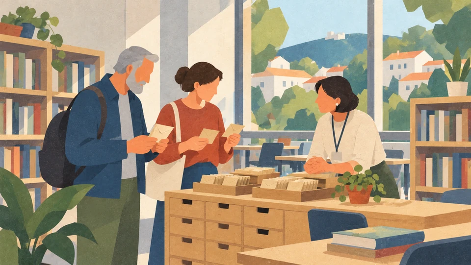 Representative editorial illustration of two visitors and a librarian discussing seed packets at a seed-exchange corner in Nova Gorica.