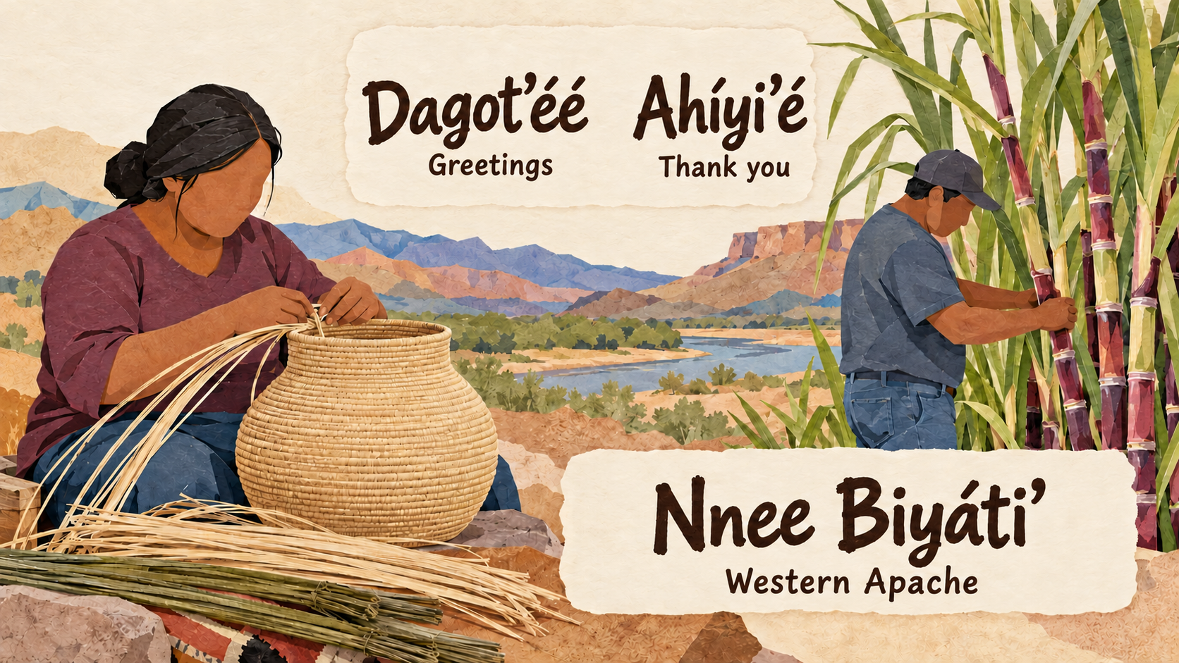 Representative San Carlos Apache collage of a contemporary basketmaker, coiled basket and fibres, and a sugarcane gardener beside a river landscape; labels read Dagot’éé, Greetings; Ahíyi’é, Thank you; Nnee Biyáti’, Western Apache.
